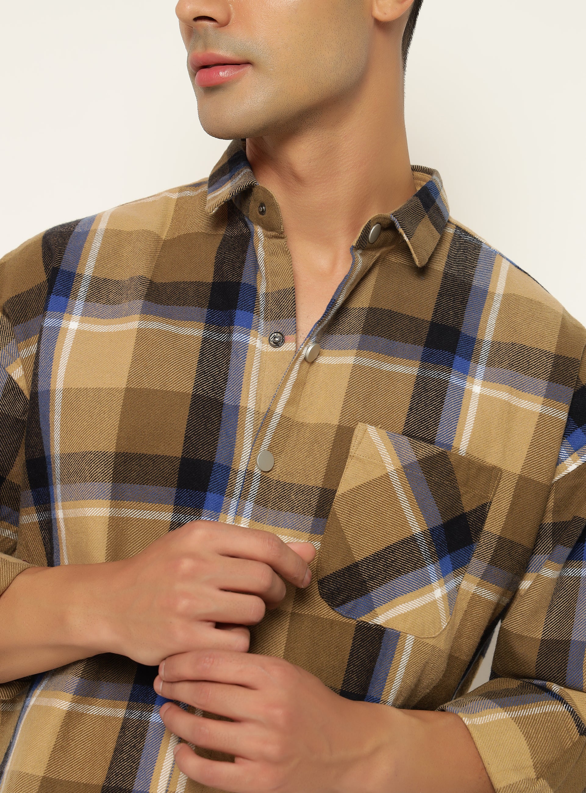 Frilled Tan Checkered Overshirt