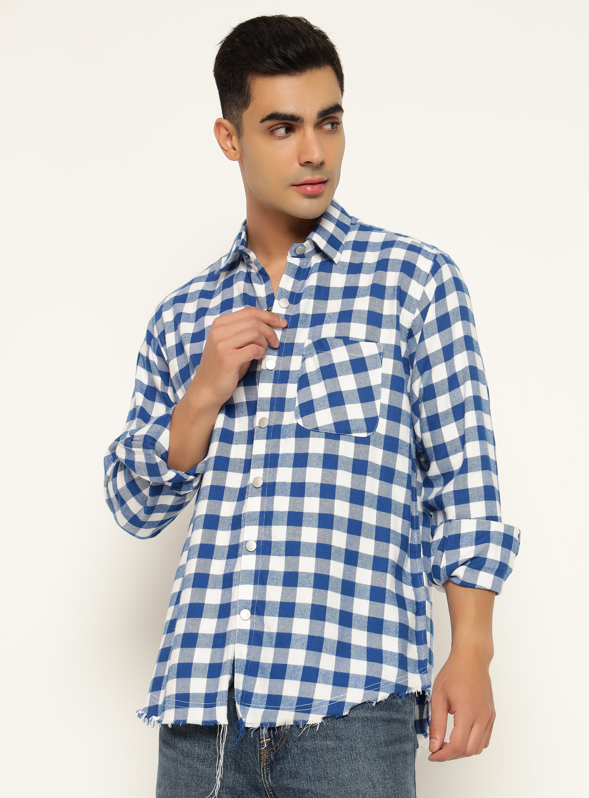 Blue Checkered Frilled Shirt